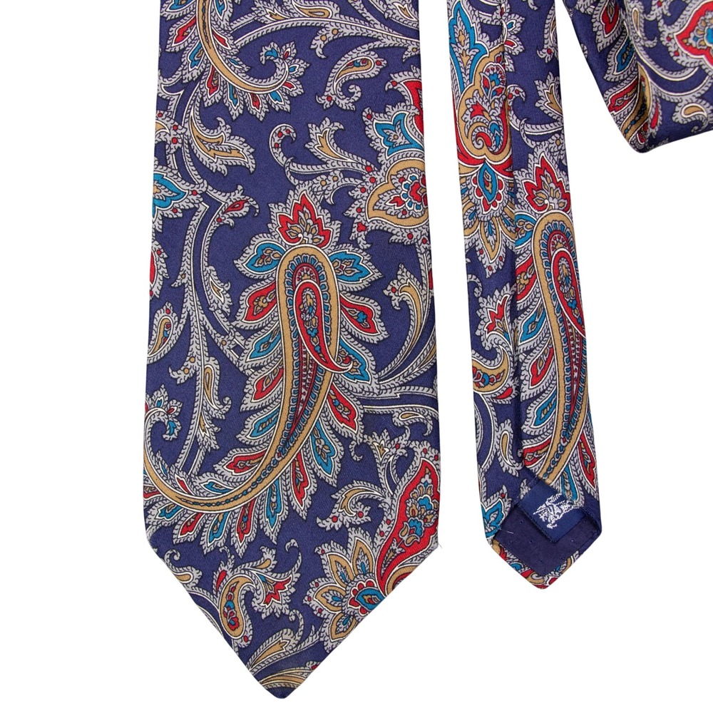 VTG Burberry London Mens Silk Paisley Tie Blue Red Gold Hand Sewn - Picture 3 of 11